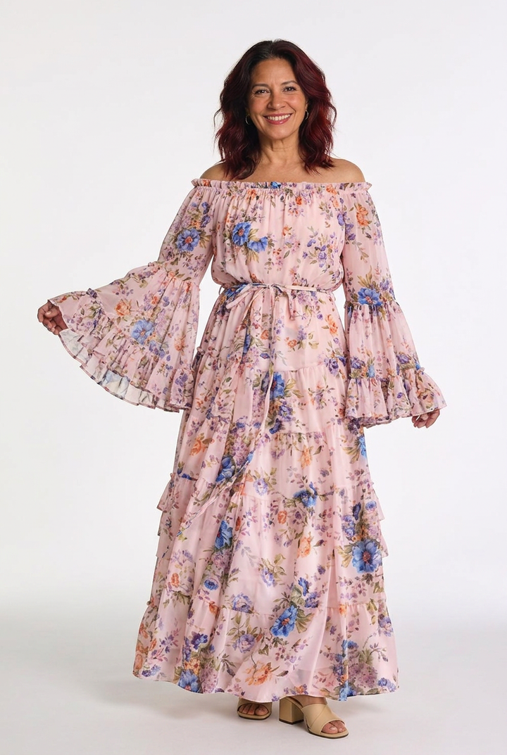 Rosalie | Women’s Bohemian Floral Print Tie-Waist Maxi Dress with Ruffle Bell Sleeves