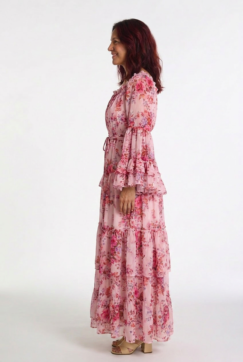 Rosalie | Women’s Bohemian Floral Print Tie-Waist Maxi Dress with Ruffle Bell Sleeves