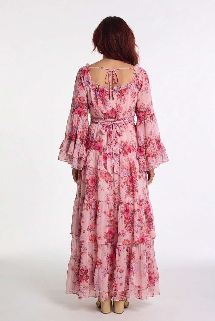 Rosalie | Women’s Bohemian Floral Print Tie-Waist Maxi Dress with Ruffle Bell Sleeves