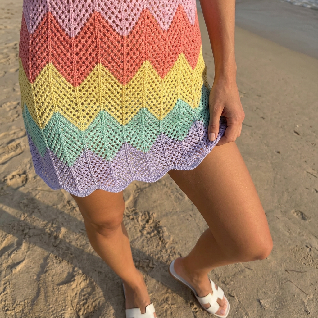 Samine | Multicolor Crochet Chevron Spaghetti-Strap Mini Dress