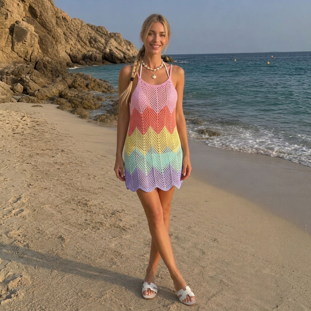 Samine | Multicolor Crochet Chevron Spaghetti-Strap Mini Dress