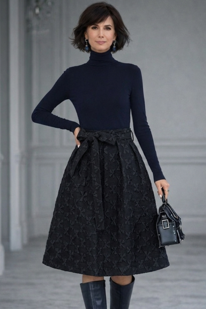 Selene | High Neck Knit Top and Textured Midi Skirt Set