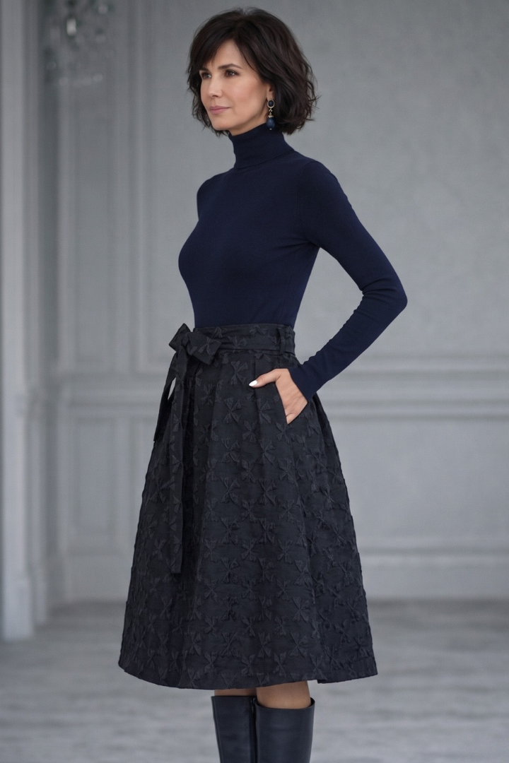 Selene | High Neck Knit Top and Textured Midi Skirt Set