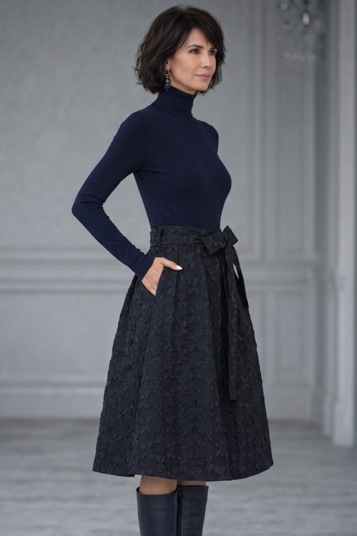 Selene | High Neck Knit Top and Textured Midi Skirt Set