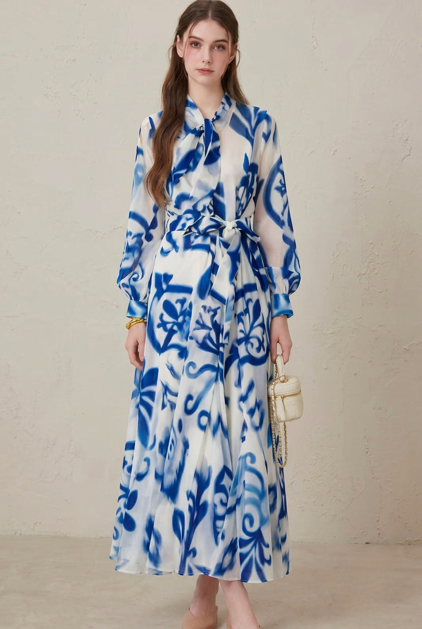 Seraphina | Blue Porcelain Print Long Sleeve Belted Maxi Dress