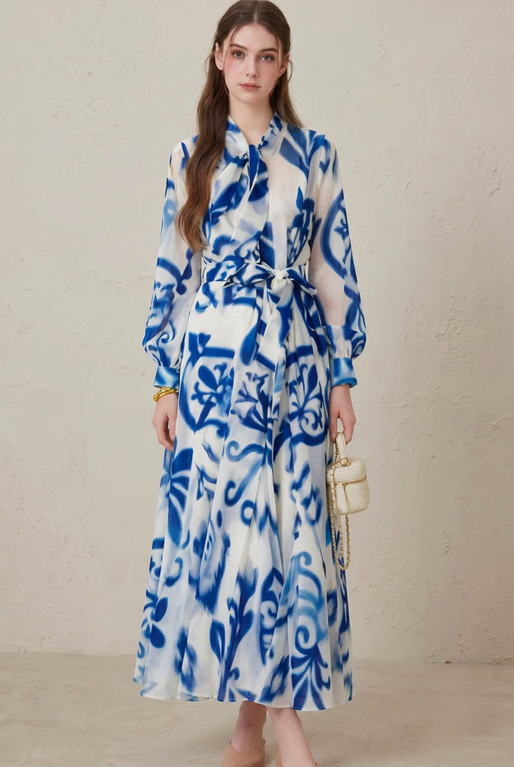 Seraphina | Blue Porcelain Print Long Sleeve Belted Maxi Dress