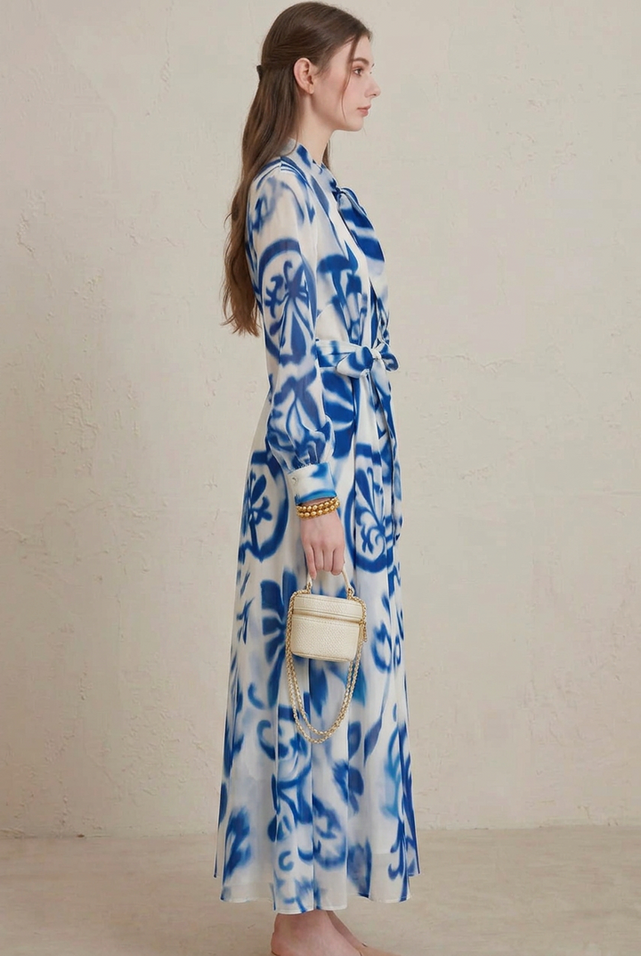 Seraphina | Blue Porcelain Print Long Sleeve Belted Maxi Dress