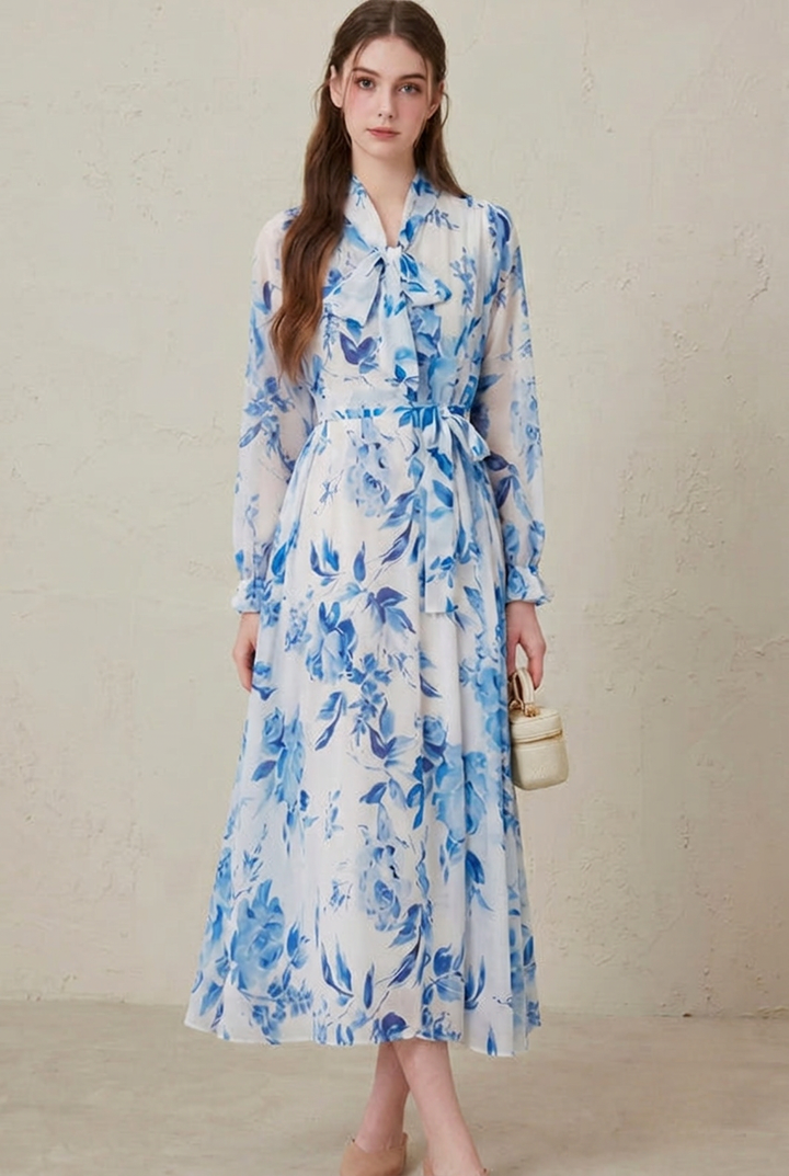 Seraphina | Blue Porcelain Print Long Sleeve Belted Maxi Dress