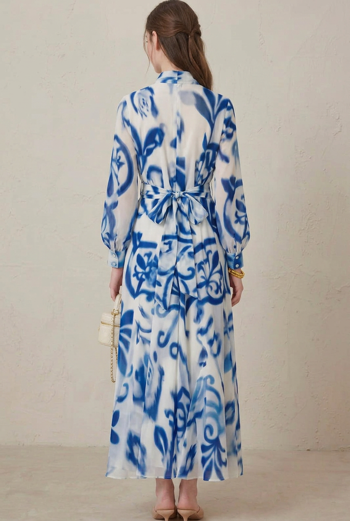 Seraphina | Blue Porcelain Print Long Sleeve Belted Maxi Dress