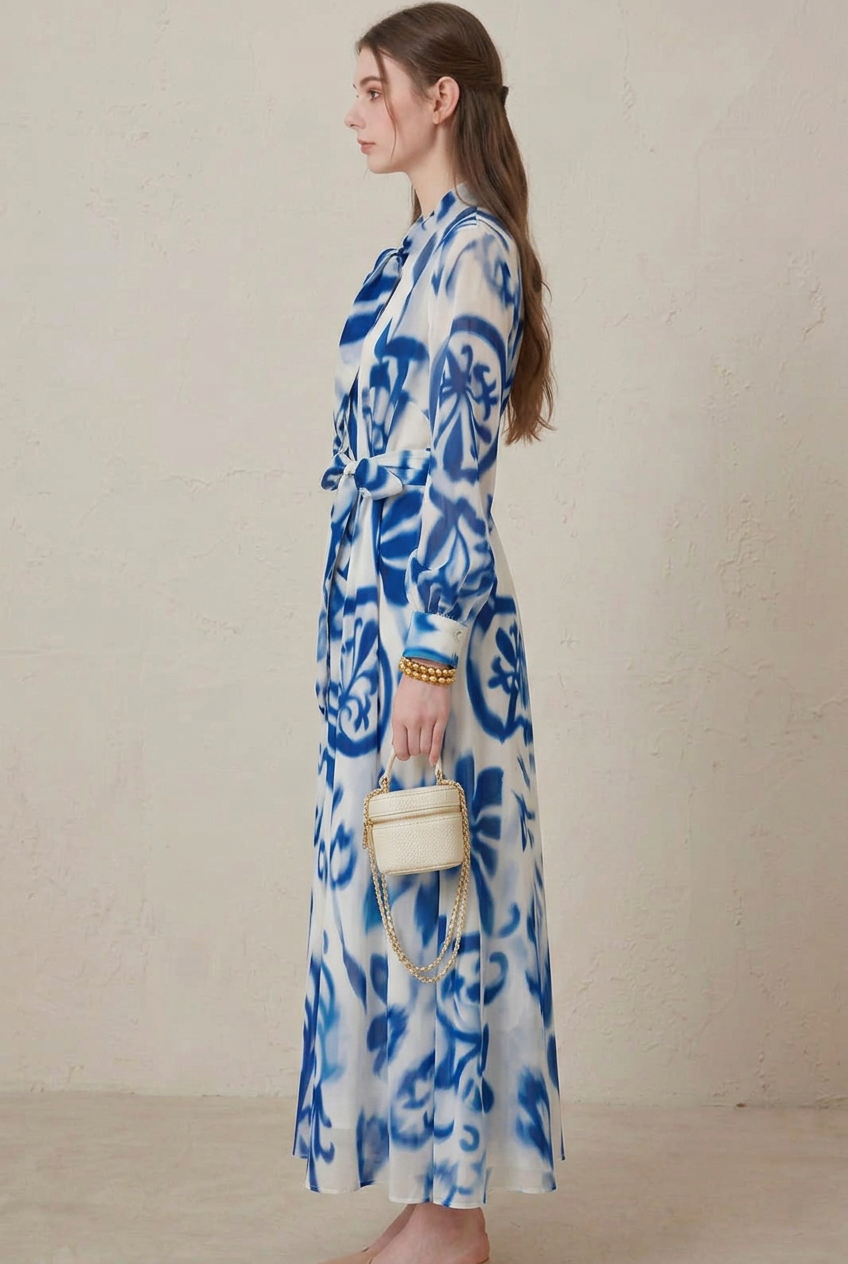 Seraphina | Blue Porcelain Print Long Sleeve Belted Maxi Dress
