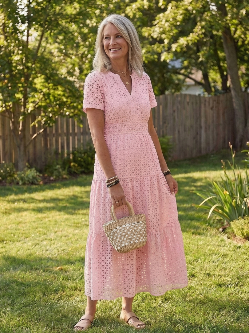 Odelisse Short Sleeve Eyelet Tiered Midi Dress