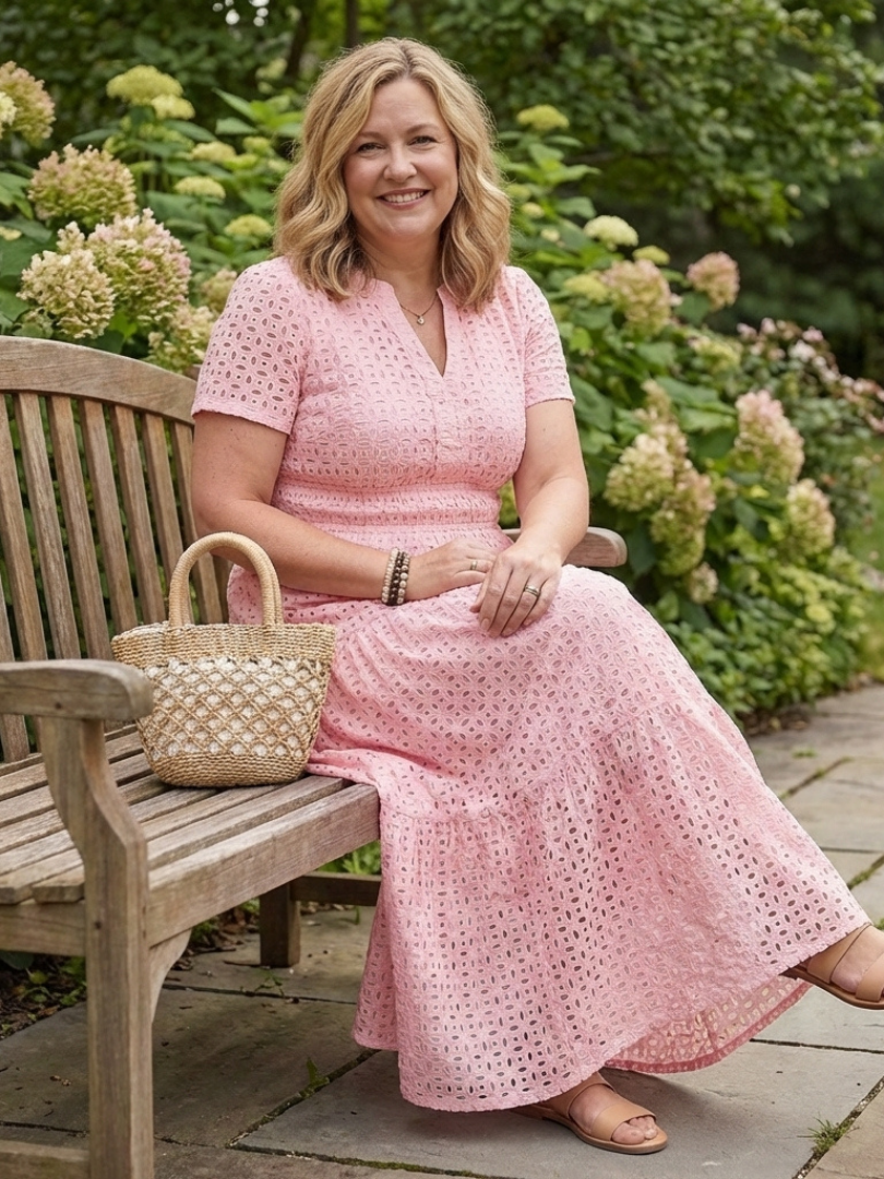 Odelisse Midi Dress Eyelet and Tiered Skirt Detail