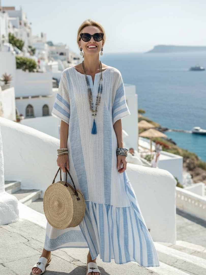 Ione Round Neck Short Sleeve Striped Maxi Dress