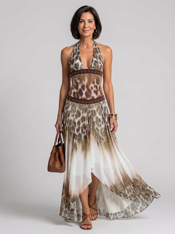 Orlune | Halter Neck Printed High-Low Maxi Dress