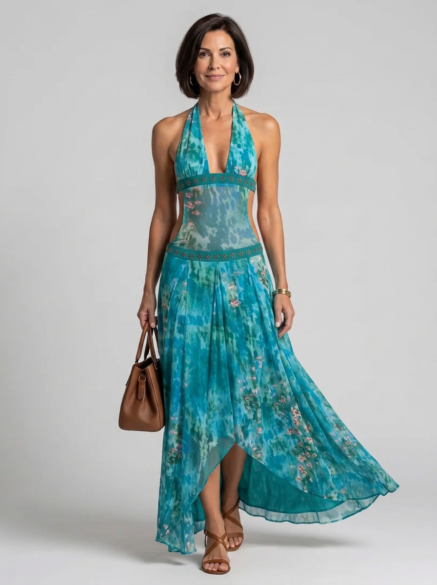 Orlune | Halter Neck Printed High-Low Maxi Dress