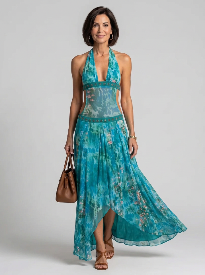 Orlune | Halter Neck Printed High-Low Maxi Dress