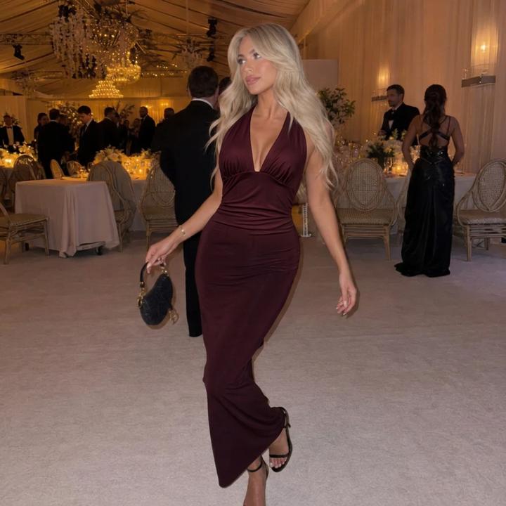 Neverine | Plunge Halter Ruched Fitted Maxi Dress