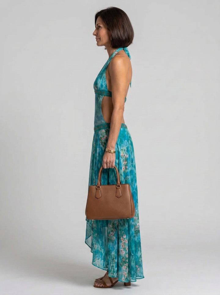 Orlune | Halter Neck Printed High-Low Maxi Dress