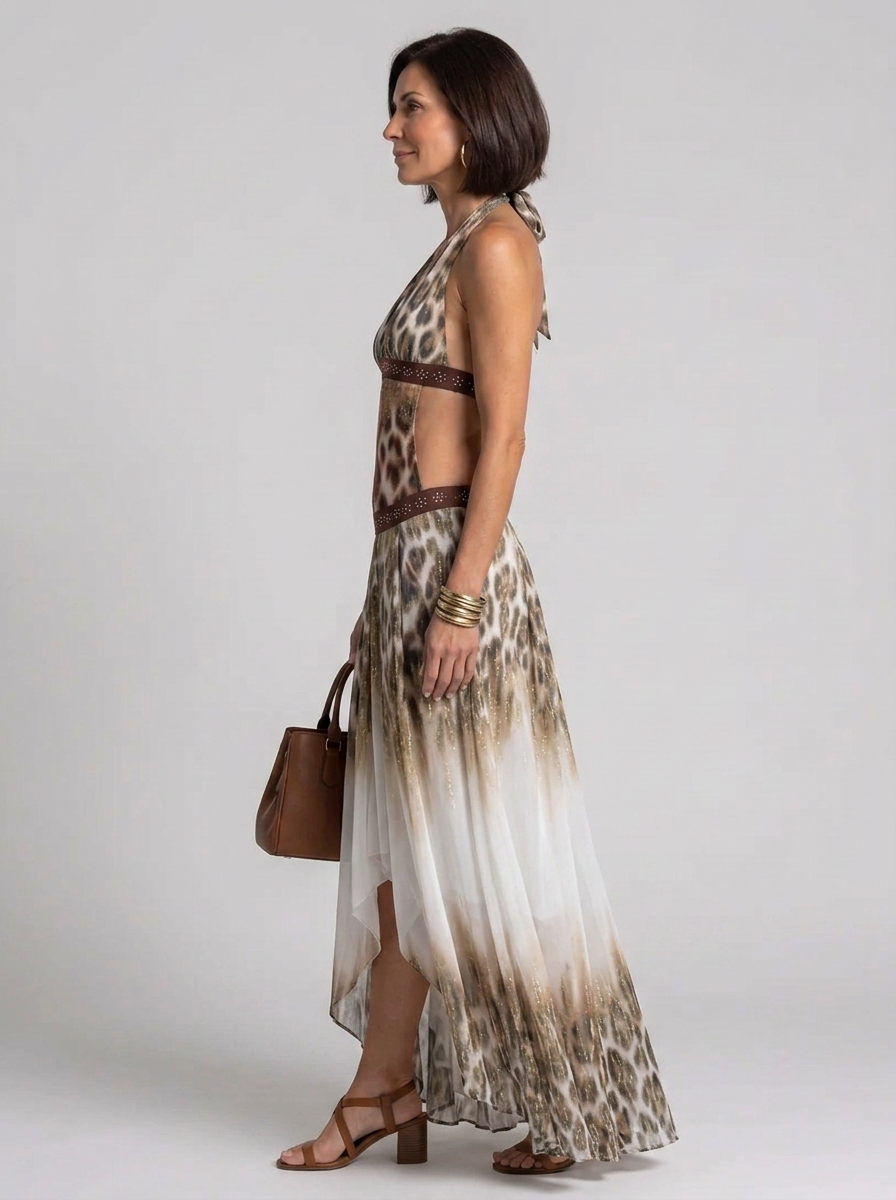 Orlune | Halter Neck Printed High-Low Maxi Dress