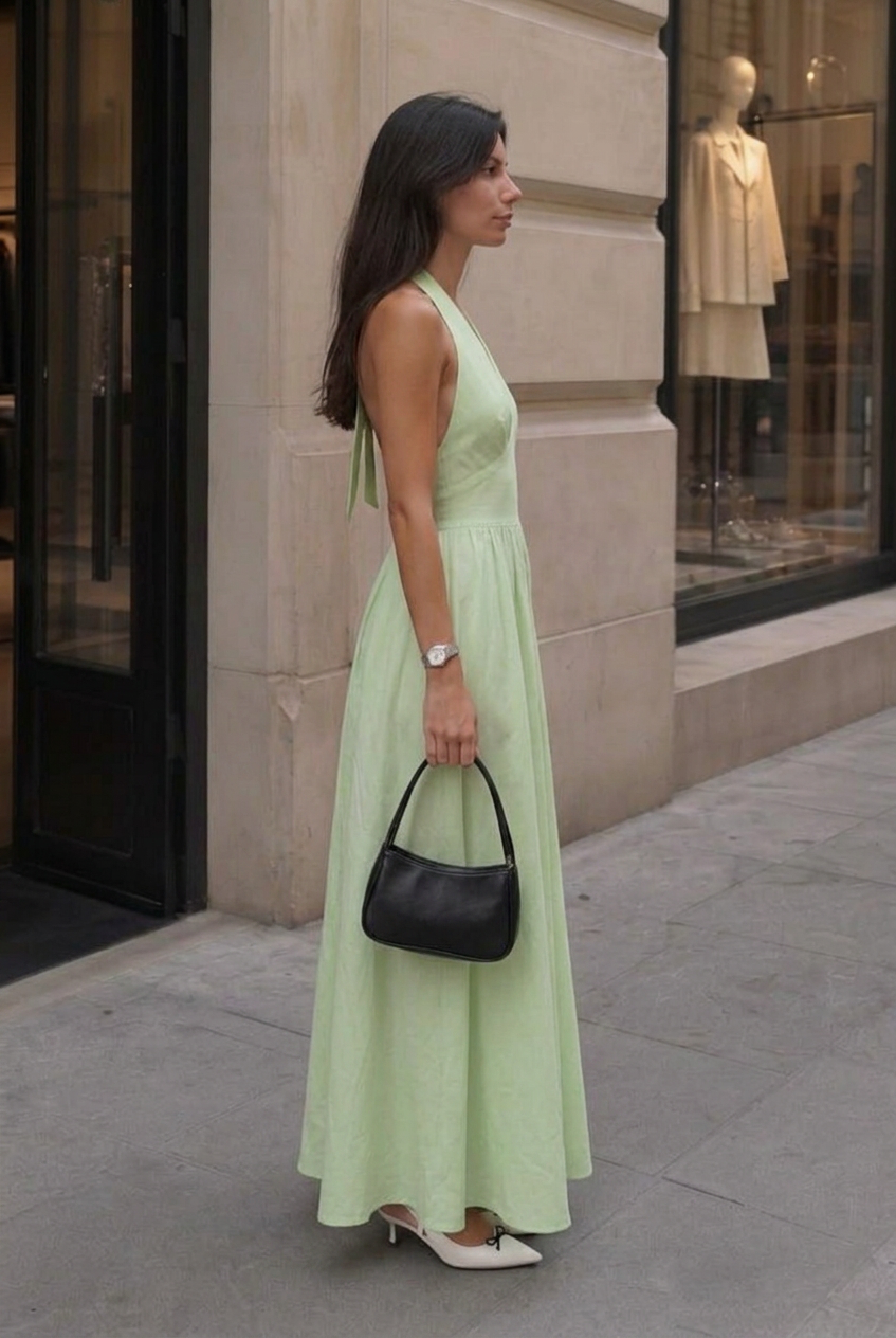 Women’s Halter V-Neck Gathered A-Line Maxi Dress