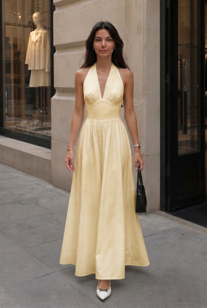 Women’s Halter V-Neck Gathered A-Line Maxi Dress