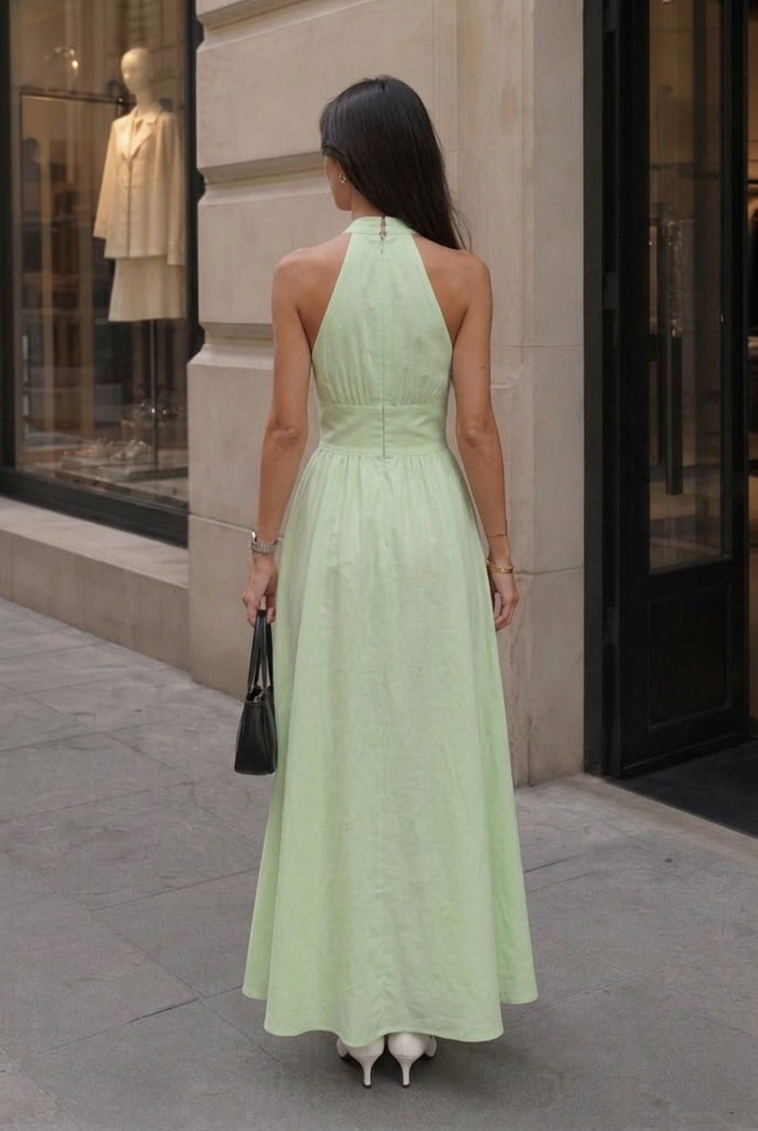 Women’s Halter V-Neck Gathered A-Line Maxi Dress