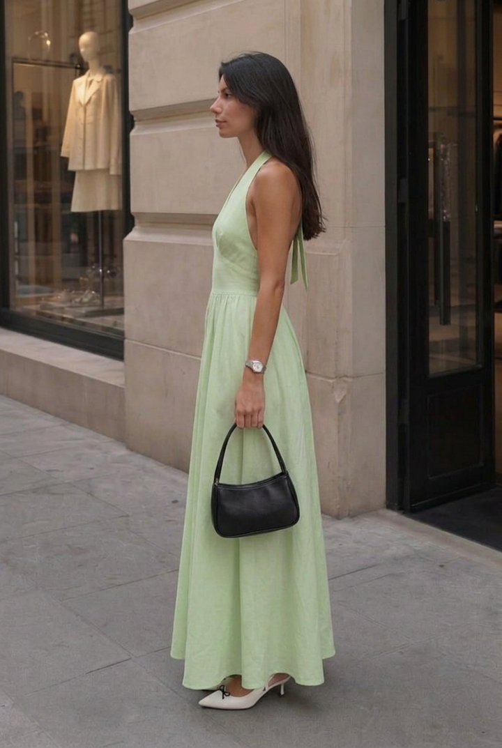 Women’s Halter V-Neck Gathered A-Line Maxi Dress