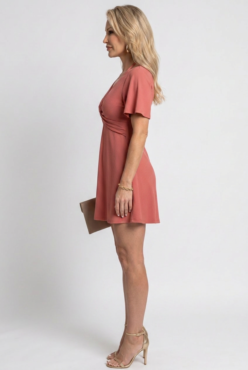 Isley | Women’s Twist-Front Ruched Mini Dress with Flutter Sleeves