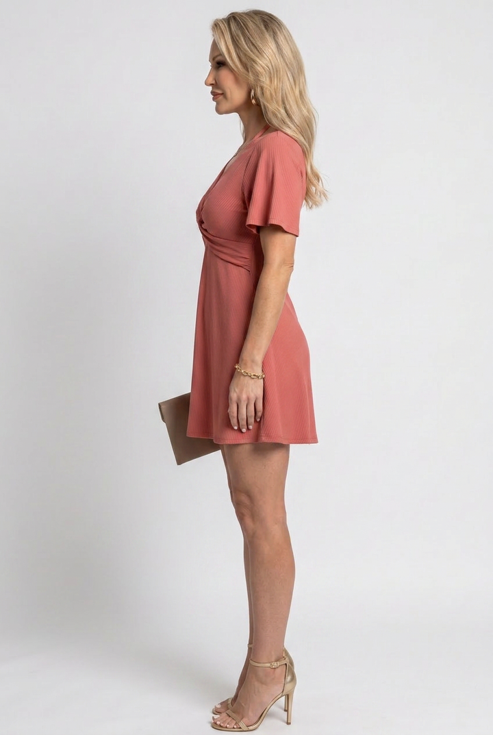 Isley | Women’s Twist-Front Ruched Mini Dress with Flutter Sleeves