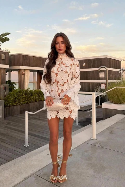 Izmane | Floral Lace High Neck Long Sleeve Mini Dress