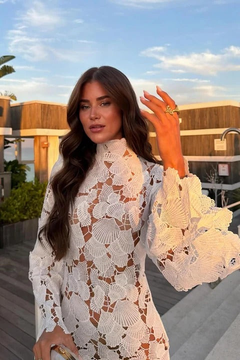 Izmane | Floral Lace High Neck Long Sleeve Mini Dress