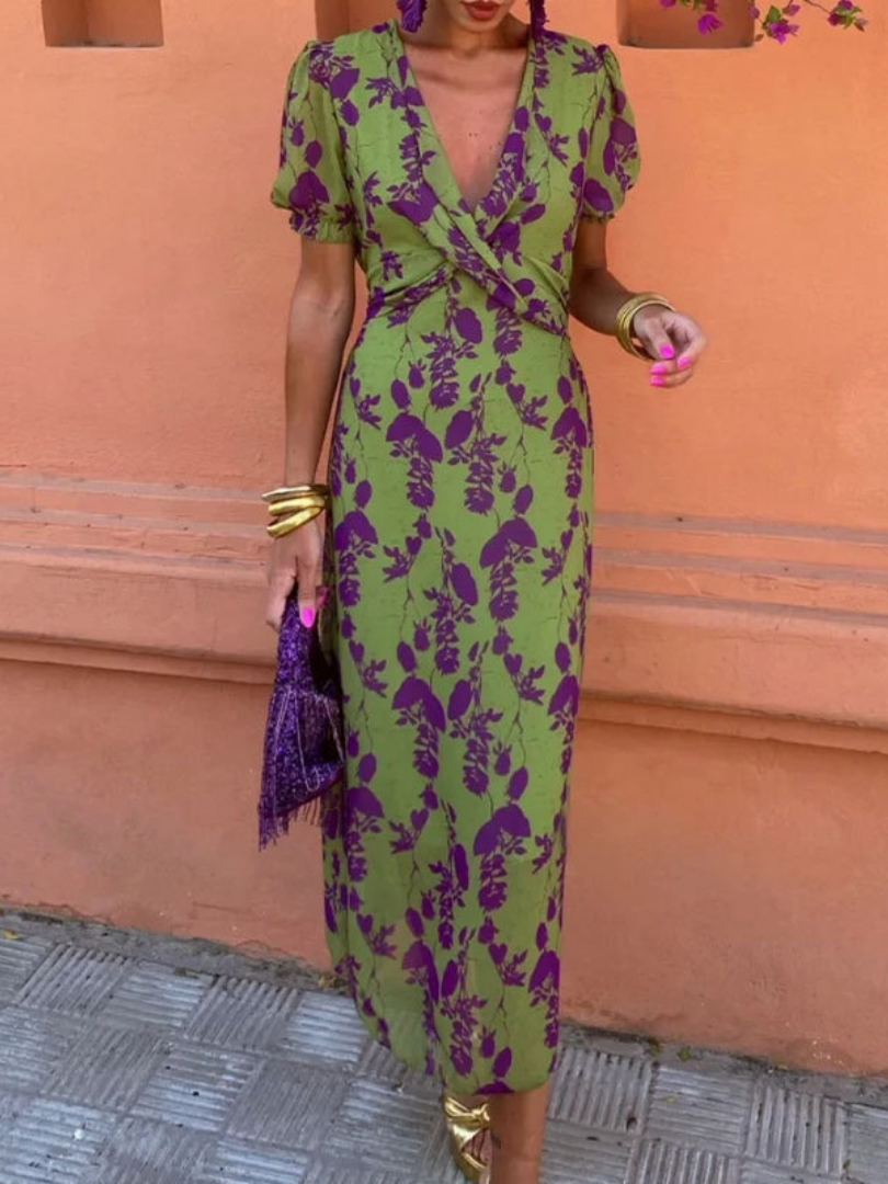 Clara Short Sleeve Floral V Neck Midi Dress