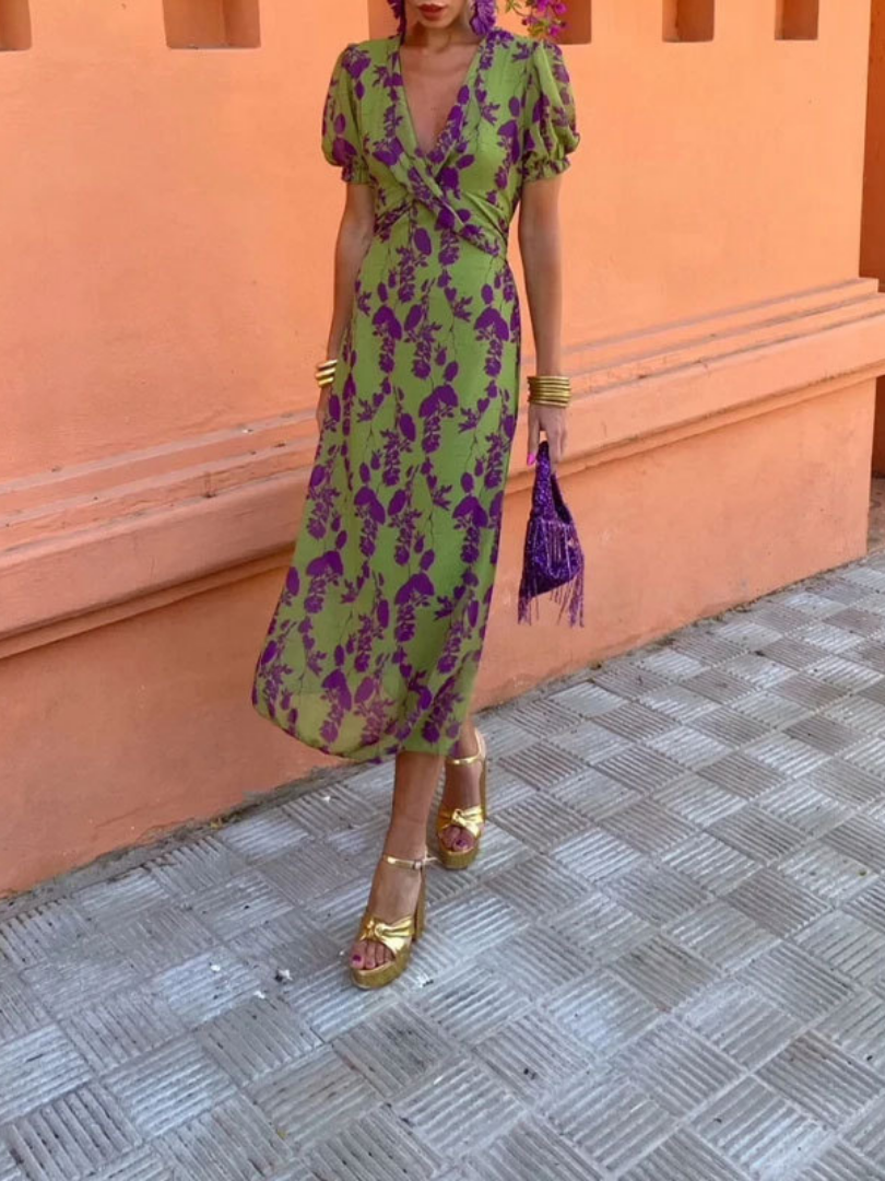 Clara Midi Dress Wrapped Bodice and Floral Detail